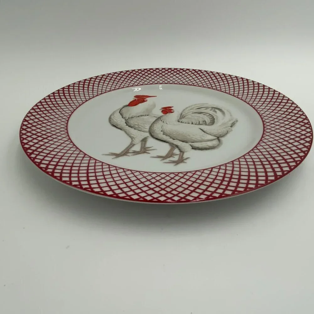 The Haldon Group Devonshire WHITE Rooster & Hen Dinner Plate Vintage Red & White